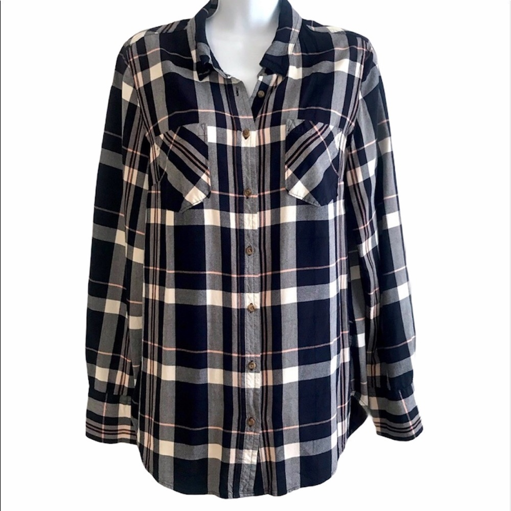 Navy & White 100% Rayon Plaid Shirt